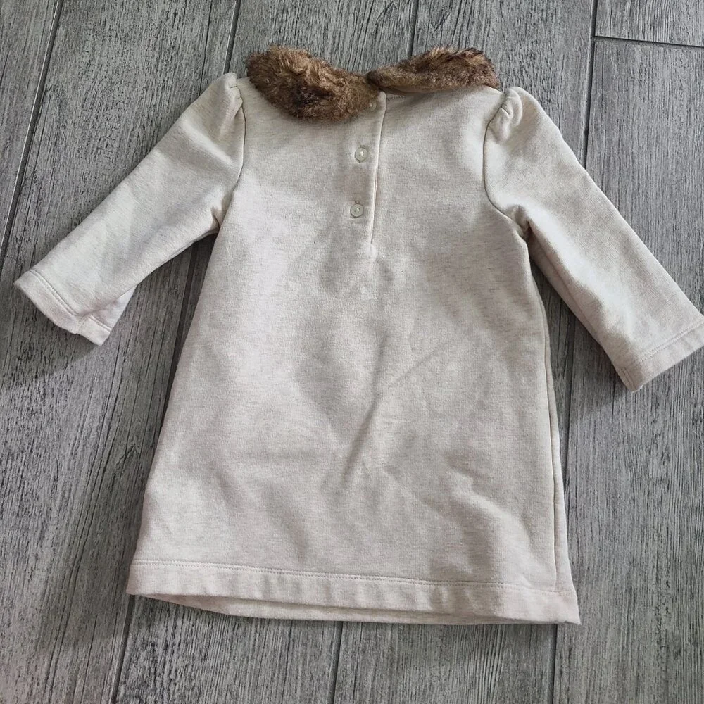 Janie and Jack Girls Faux Fur Collar Sweater Dress Beige Size 3